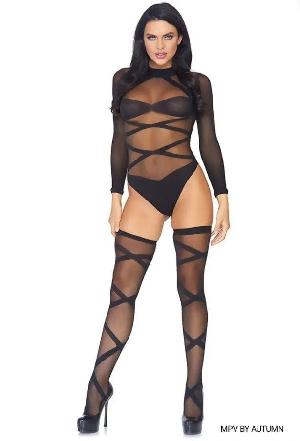 Leg Avenue Sheer Criss Cross Body Suit With Matching Thigh High (2 pieces) – O/S – Black